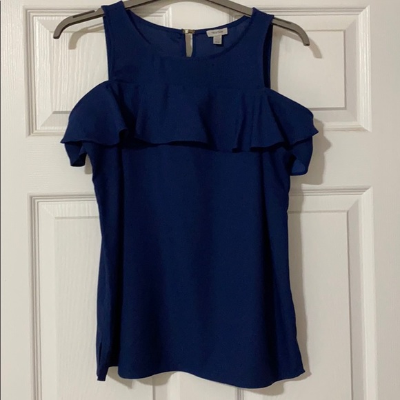 Tristan navy blue cold shoulder ruffle top - Picture 1 of 6